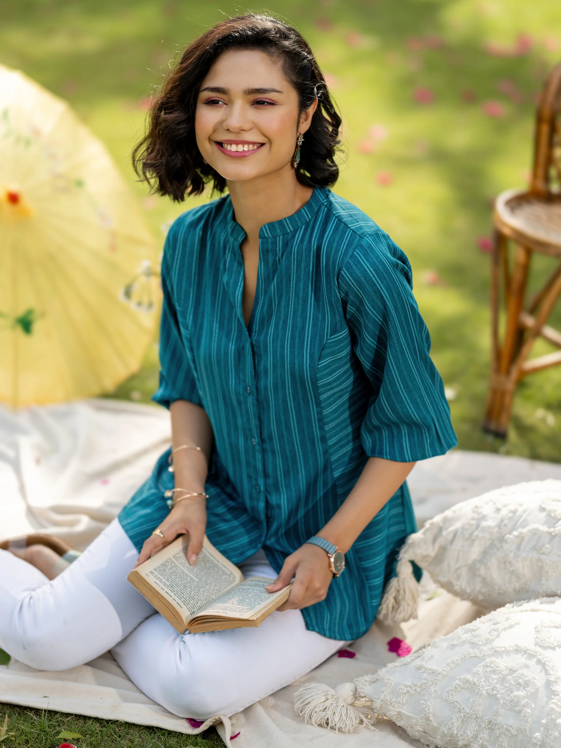 29356O_1Main.webp Teal Blue Woven Design Cotton Blend Straight Short Kurti - Image 1