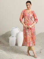 Peach Printed Silk Blend Straight Kurta - Image 4