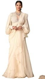 Saree Trends Women's Faux Georgette ready to wear Frill saree with unstitched blouse