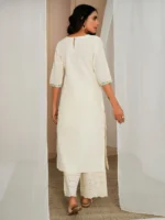 Off White Embroidered Cotton Straight Kurta - Image 3