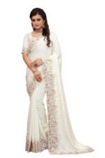 Cream Heavy Sequence Coding Embroidered Border Work Satin Silk Saree Sari For Women and Girls with Attach Blouse Piece