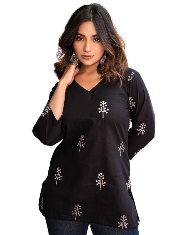 41sMtOdJdUL.jpg Floral Print Rayon Kurta for Women | Regular Fit Top | Stylish Top for Girls | Top for Office | Kurti for Women | Black | 1083 - Image 1