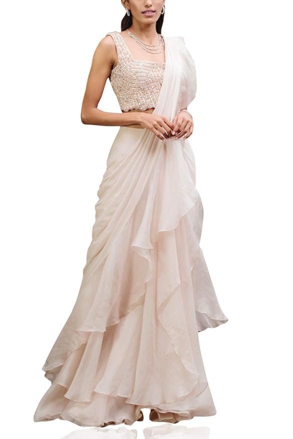 51VvZq4Z3sL._SY879_.jpg Saree Trends Women's Faux Georgette ready to wear Frill saree with unstitched blouse - Image 1