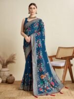 Women Blue Cotton Floral Saree with Unstitched Blouse