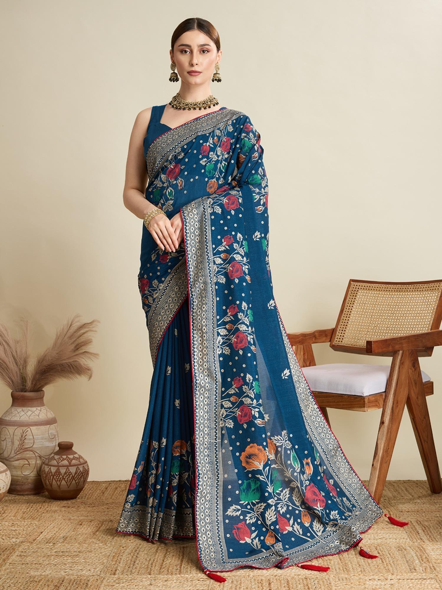 58a38cdMlwhpsa4152Blu_1.jpg Women Blue Cotton Floral Saree with Unstitched Blouse - Image 1