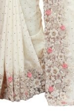 Cream Heavy Sequence Coding Embroidered Border Work Satin Silk Saree Sari For Women and Girls with Attach Blouse Piece - Image 2
