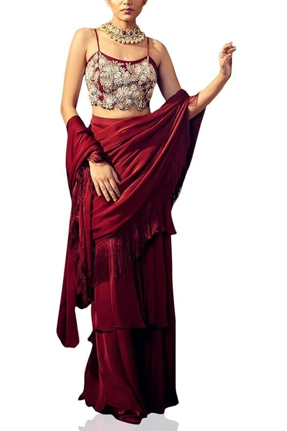 61cYD29boL._SY879_.jpg Saree Trends Women's Faux Georgette ready to wear Frill saree with unstitched blouse - Image 1