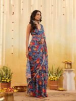 Blue Carnival Bloom Draped Saree with Stitched Blouse
