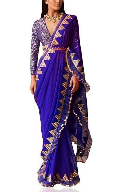 Saree Trends Women's Faux Georgette ready to wear Frill saree with unstitched blouse