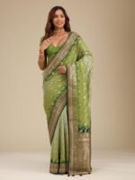 Leaf Green Zari Georgette Saree with Unstitched Blouse - Image 3