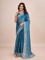 Blue Embroidered Pre-Drapped Saree with Unstitched Blouse