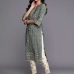 Grey Printed Silk Straight Kurta
